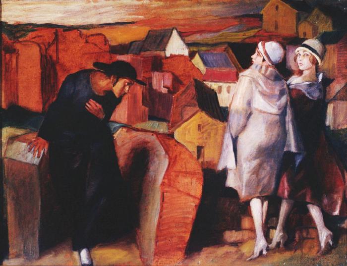 Spotkanie, Żydowski młodzieniec i dwie kobiety w zaułku miejskim, 1920 rok